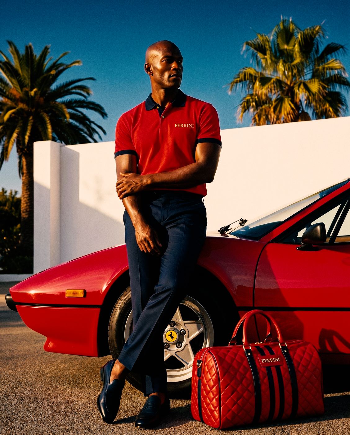 Giovanni Ferrini campaign: model with a red sports car and signature holdall