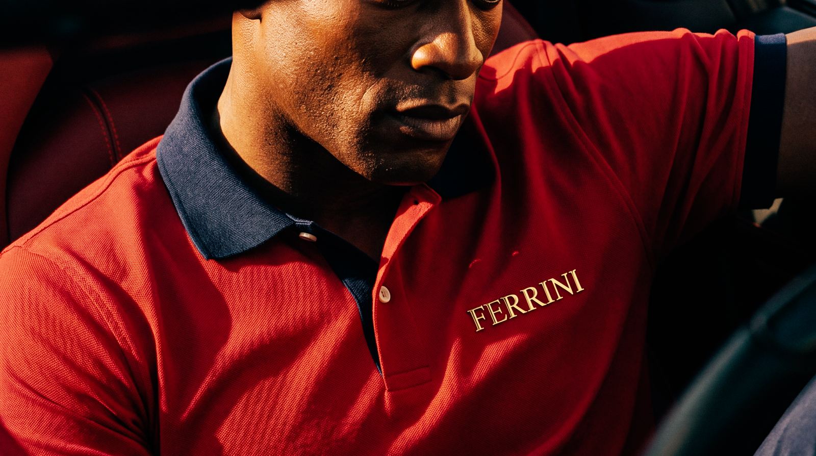 Giovanni Ferrini campaign: close-up of the red signature polo