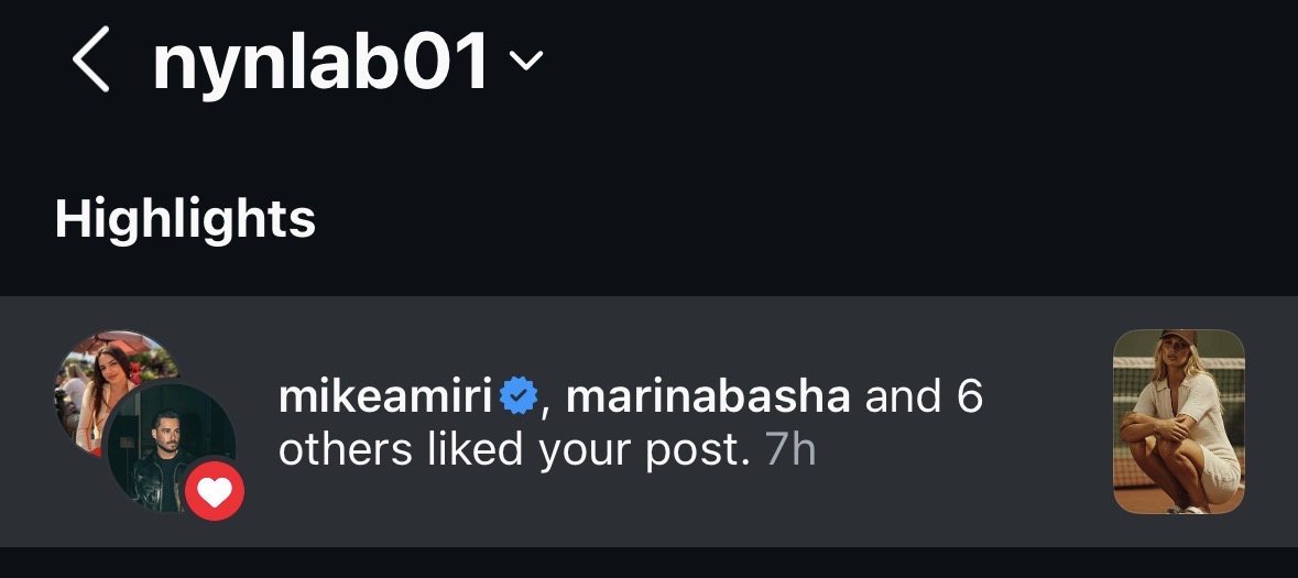 Instagram notification showing Mike Amiri liked the NYN LAB 01 post